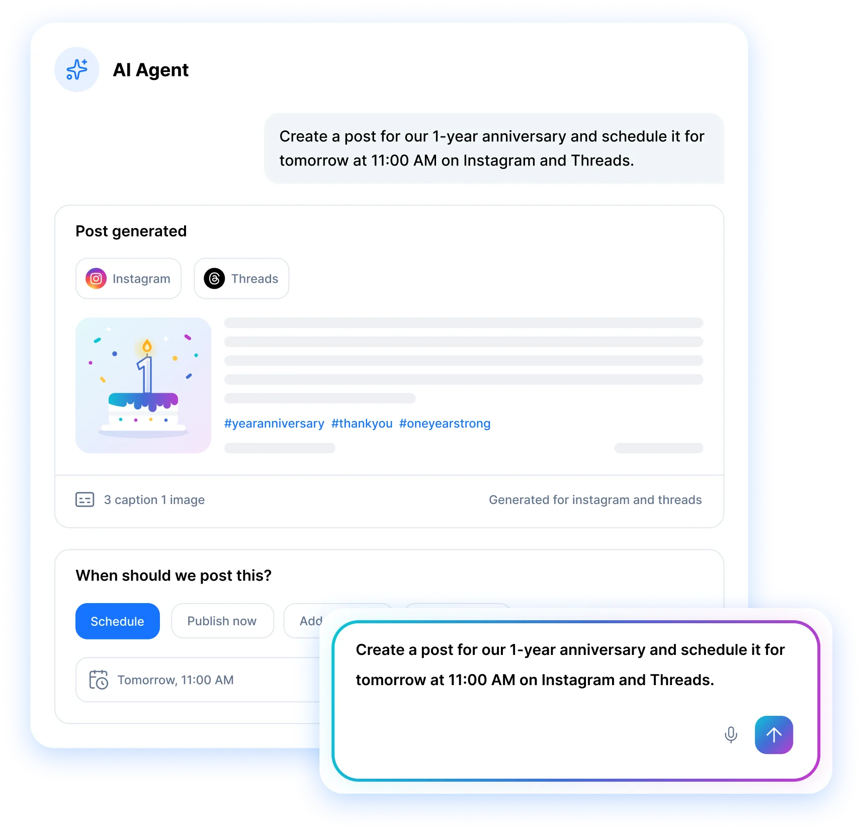 RepeatPost AI social media agent creating an anniversary post for Instagram and Threads, scheduled for 11:00 AM