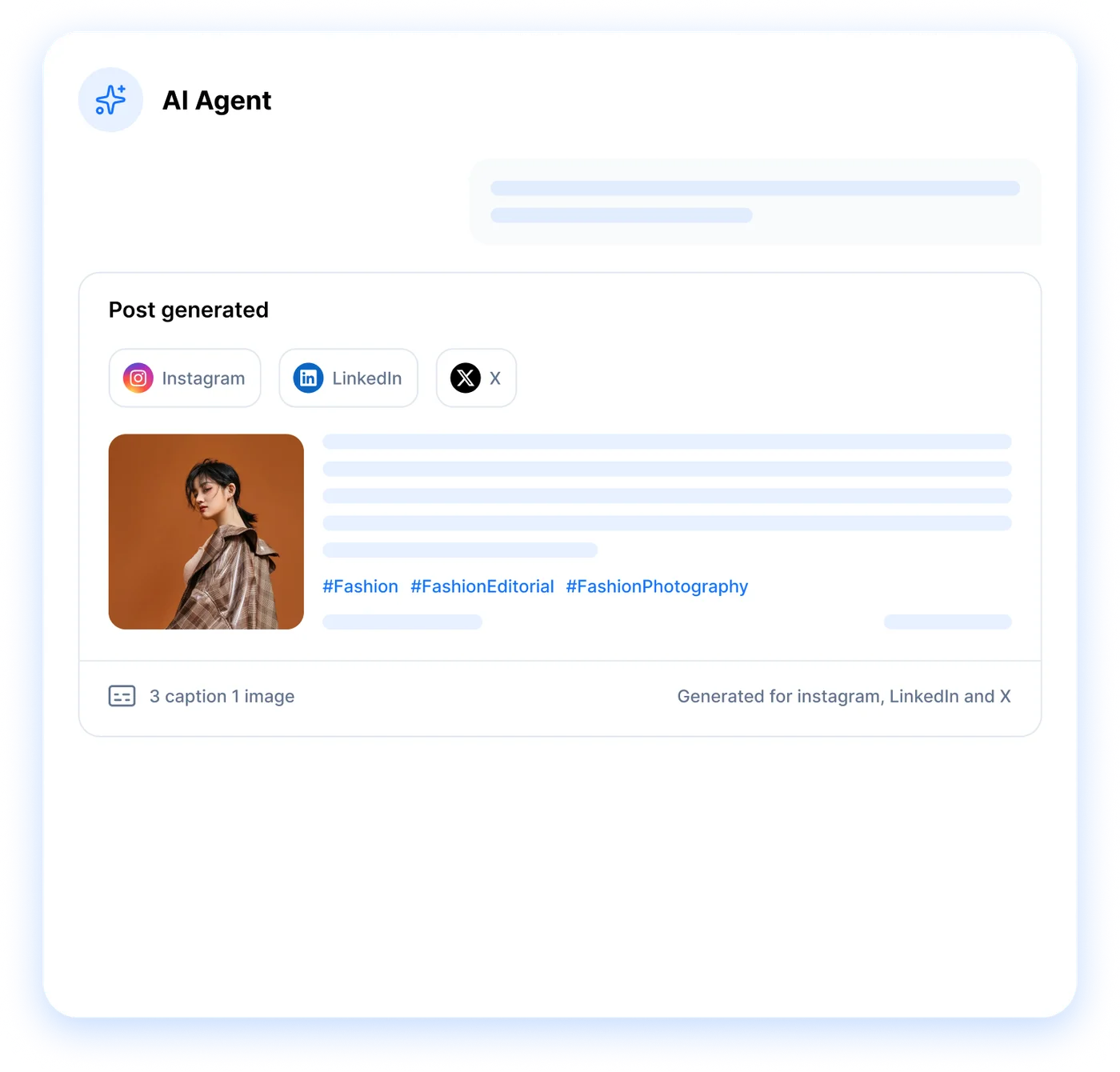 AI Agent window with a post generated for Instagram, LinkedIn and X