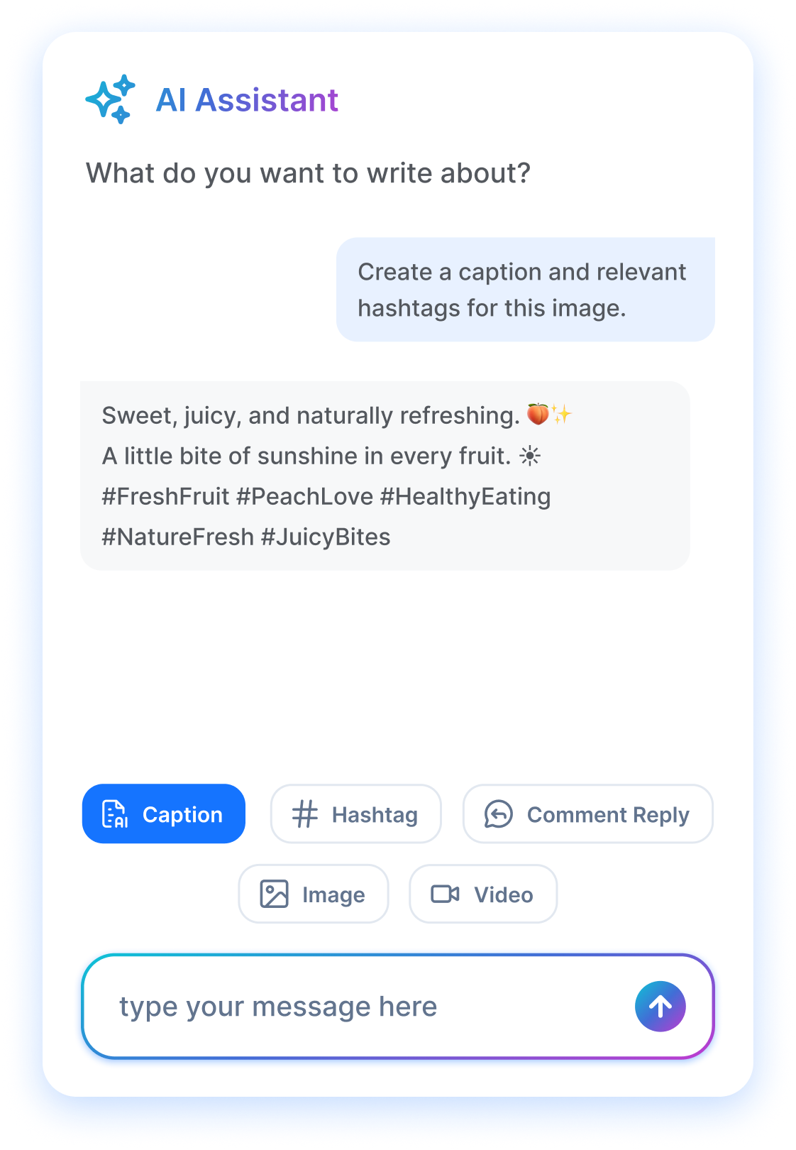 AI assistant writing a caption and hashtags for an image