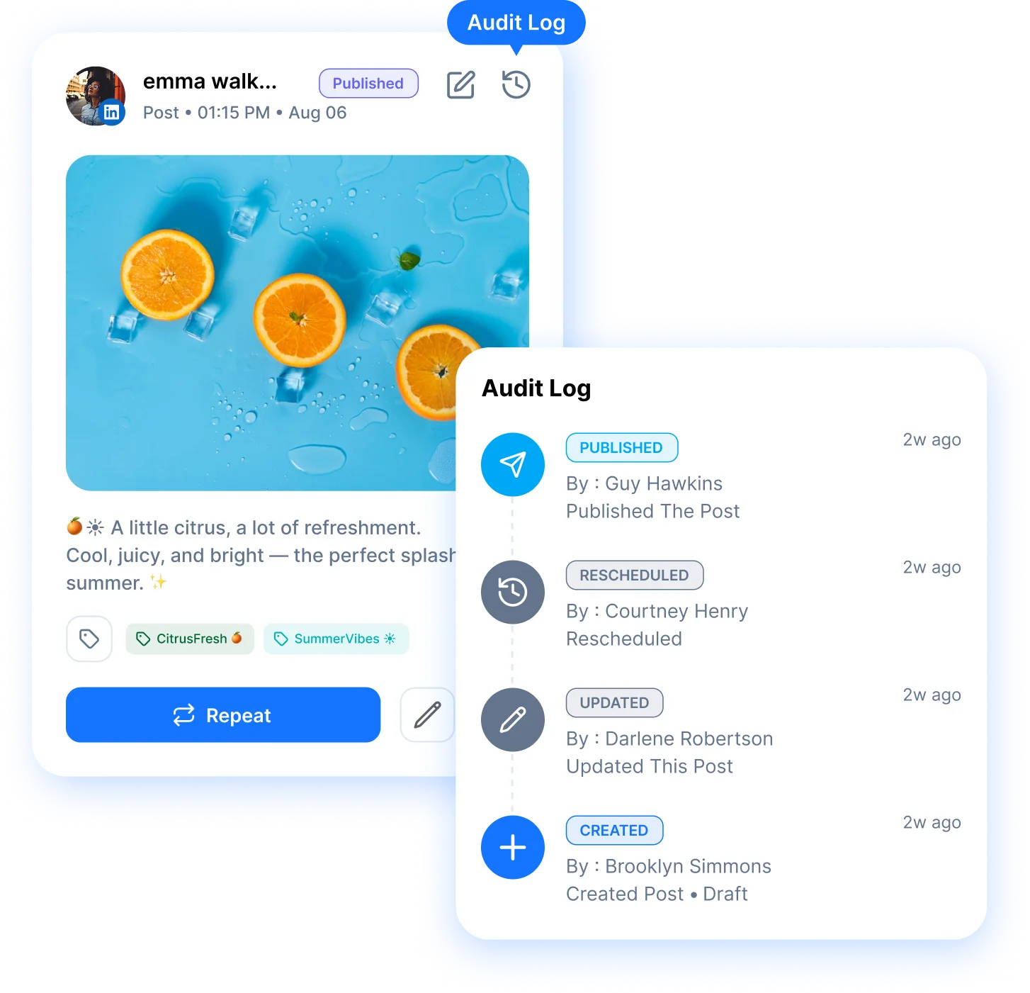 RepeatPost audit log showing who created, updated, rescheduled and published a post