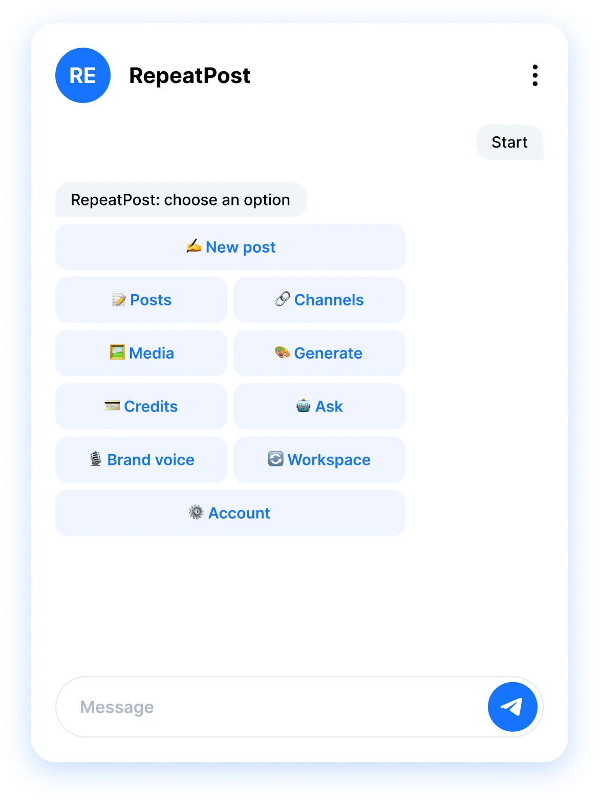 RepeatPost Telegram chat menu with brand voice and workspace options