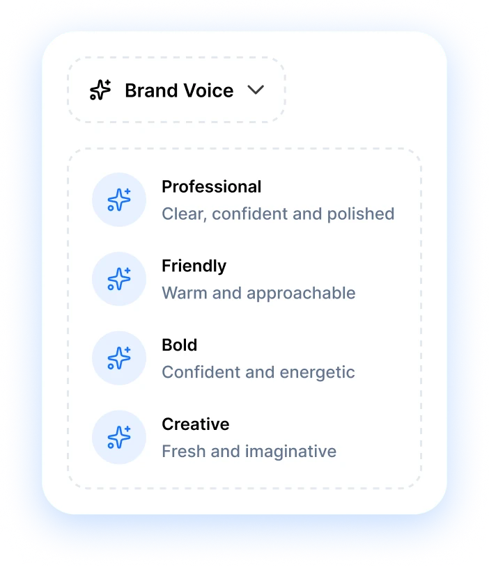 Brand voice picker with professional, friendly, bold and creative tones