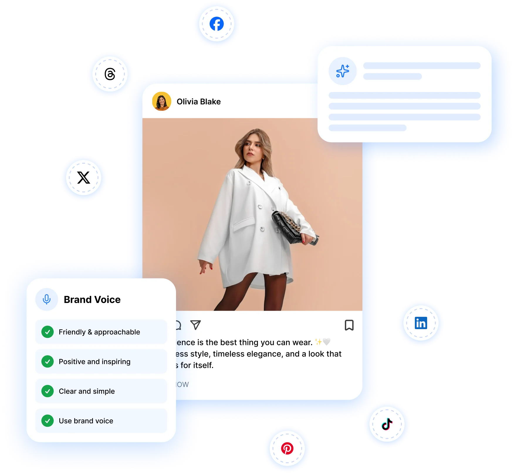RepeatPost AI brand voice settings applied to a social media post