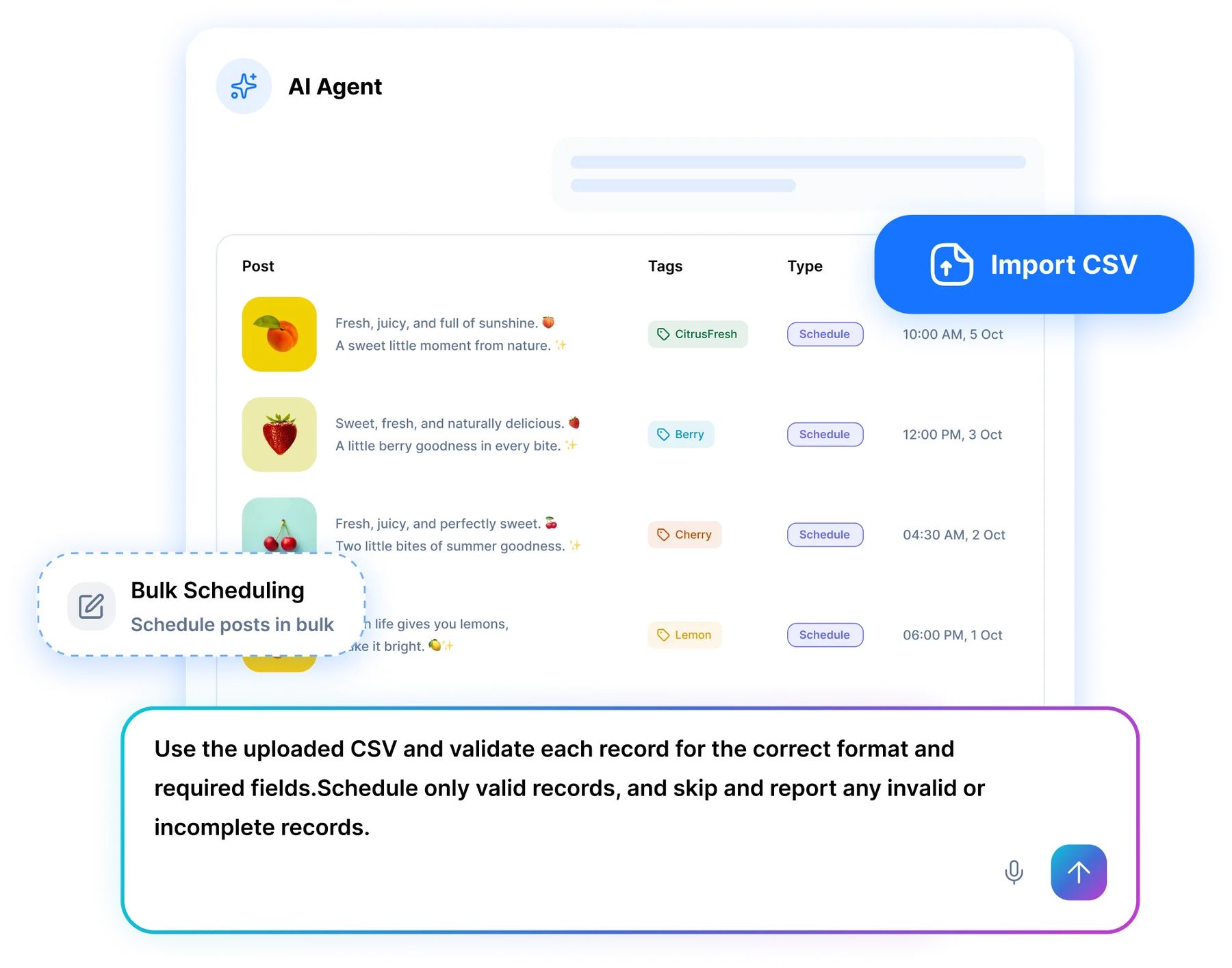 RepeatPost AI agent bulk scheduling posts from an imported CSV
