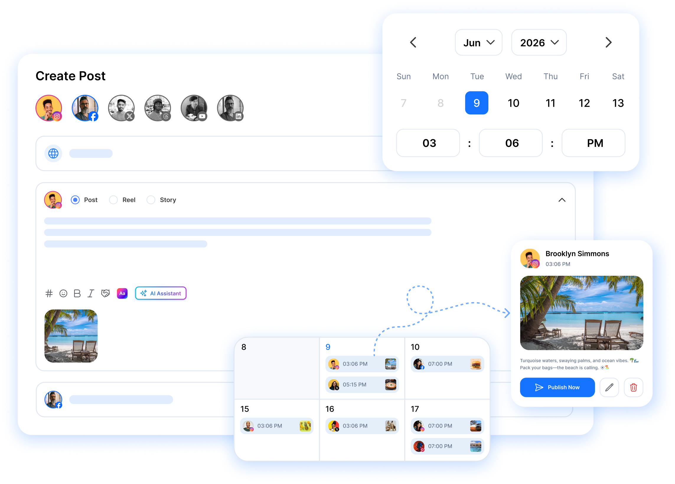 RepeatPost social media content calendar showing scheduled posts in month view