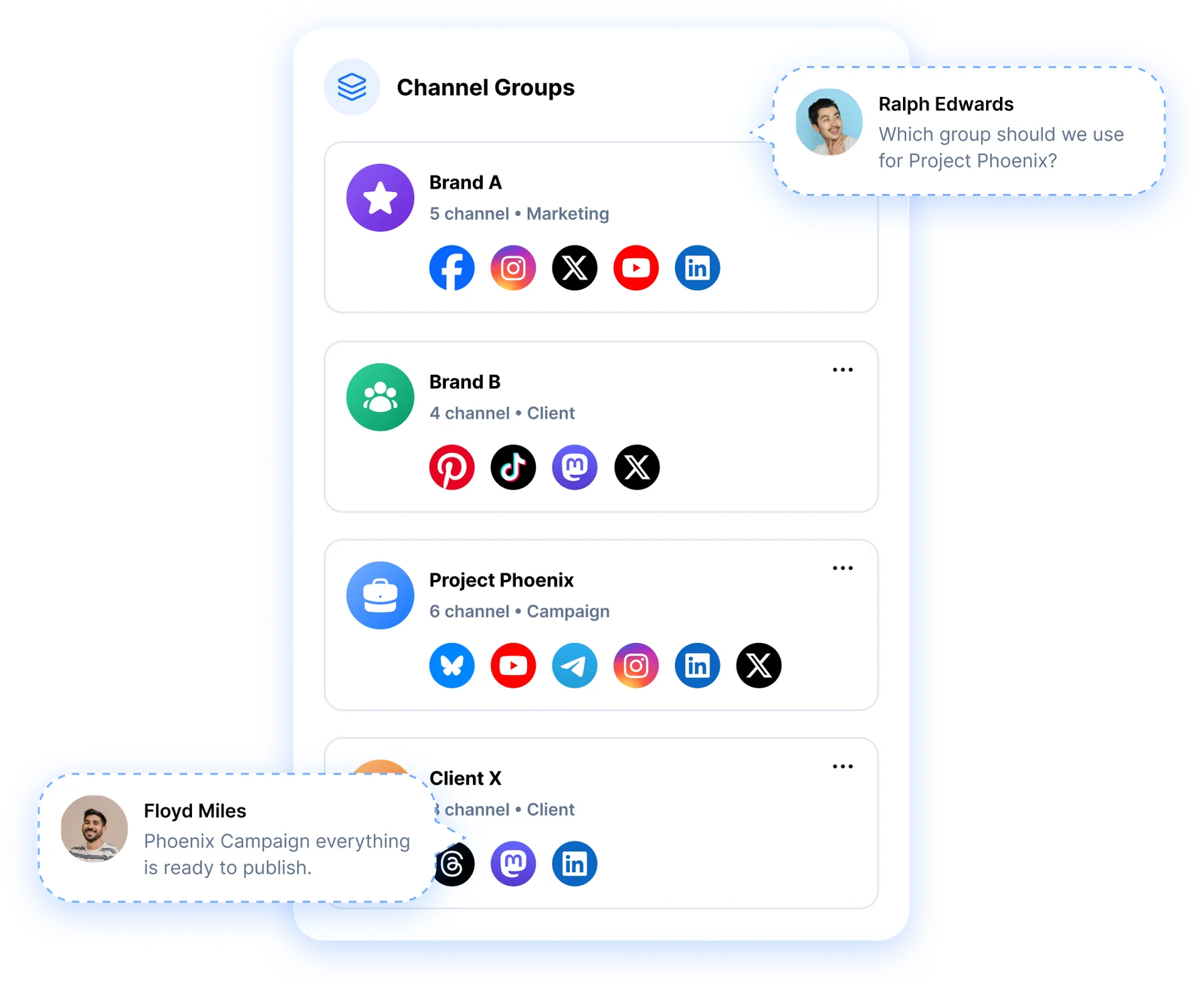 RepeatPost channel groups organizing social accounts by brand, client and campaign