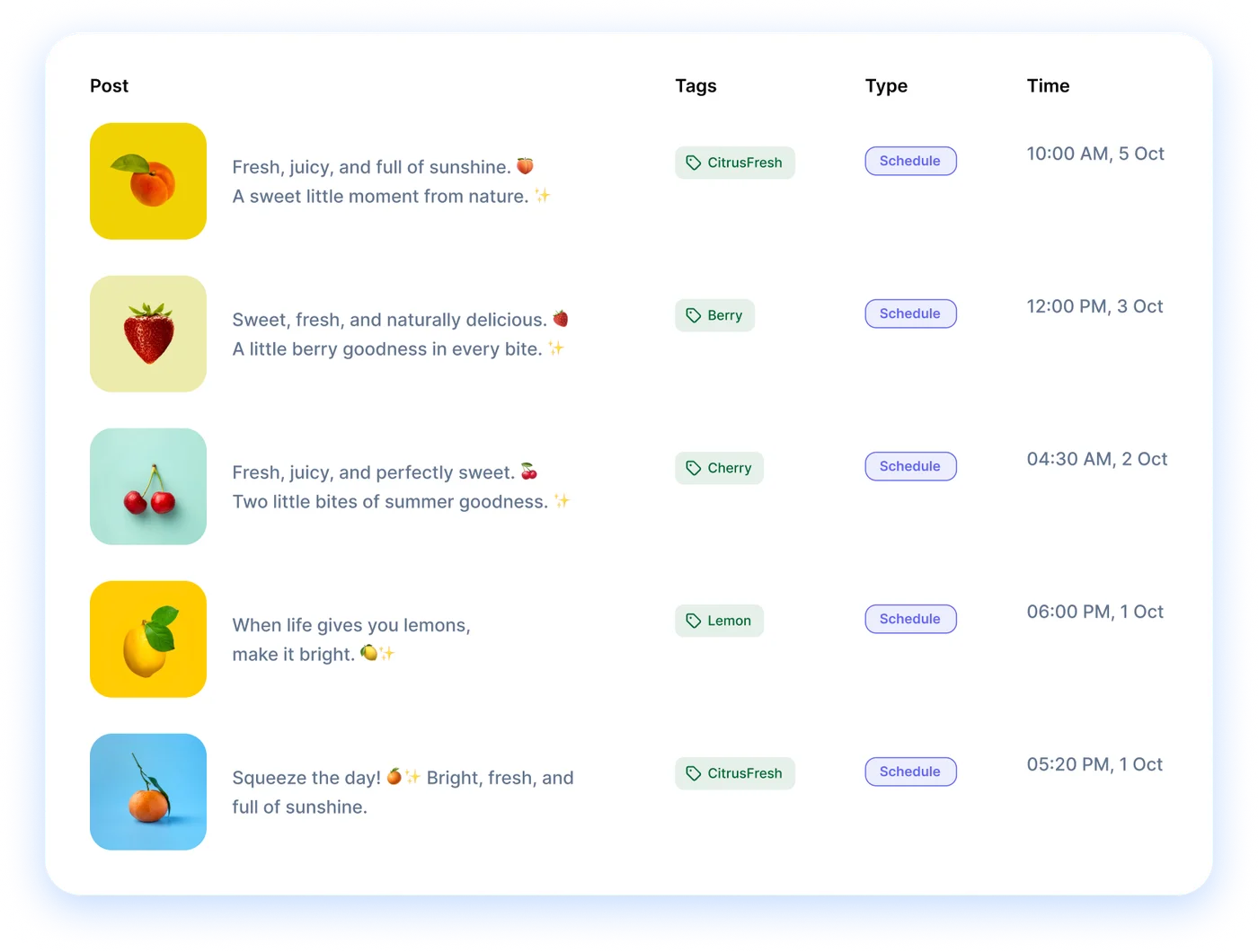 Batch of scheduled posts with tags, type and posting time