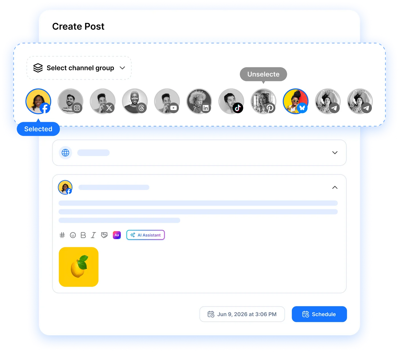 Create Post with a channel group selected and individual channels toggled on or off
