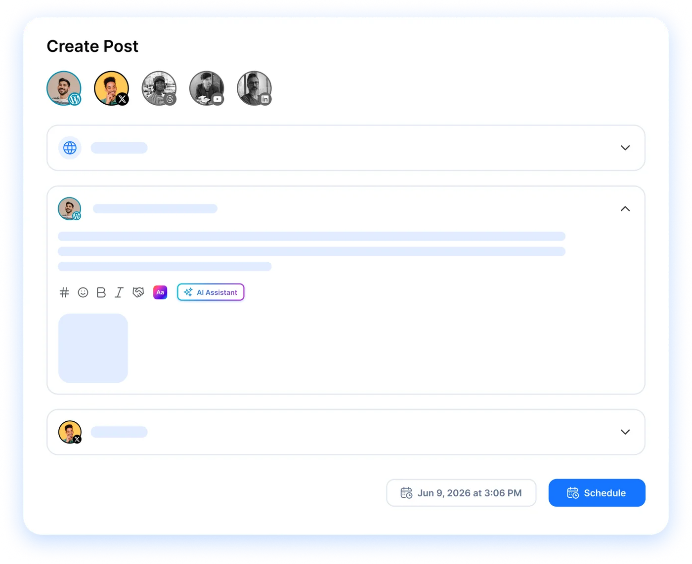 Create Post composer with a WordPress account selected