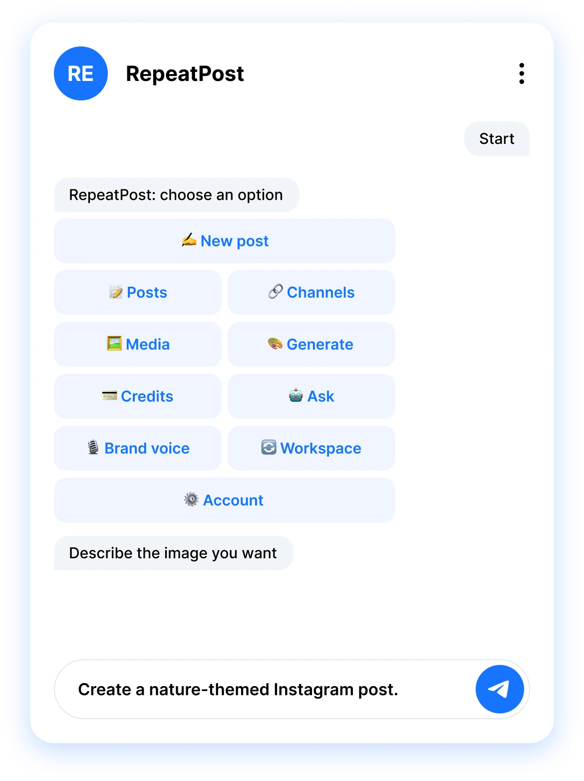 RepeatPost Telegram chat menu with options to create a new post
