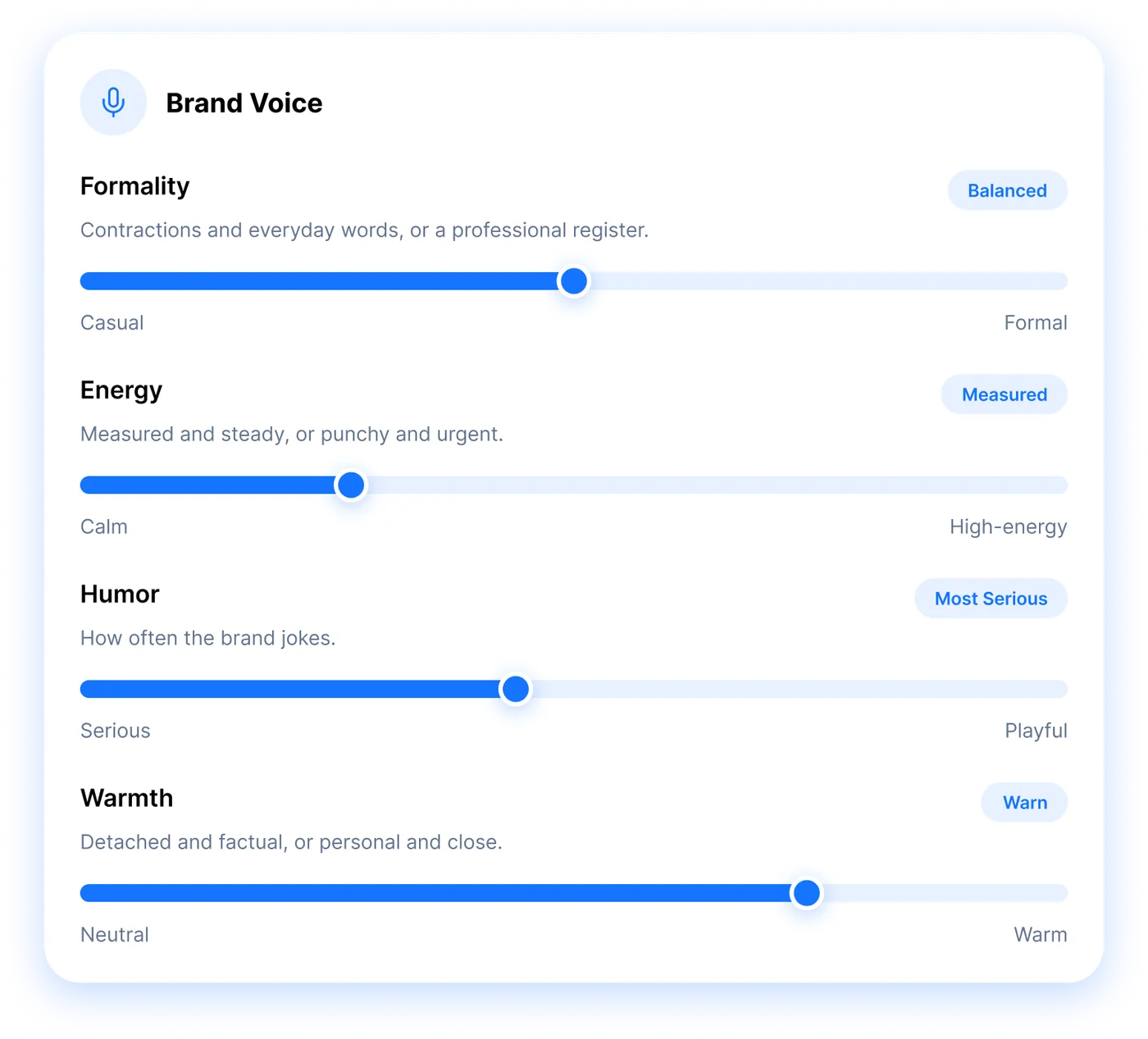 Brand voice sliders for formality, energy, humor and warmth