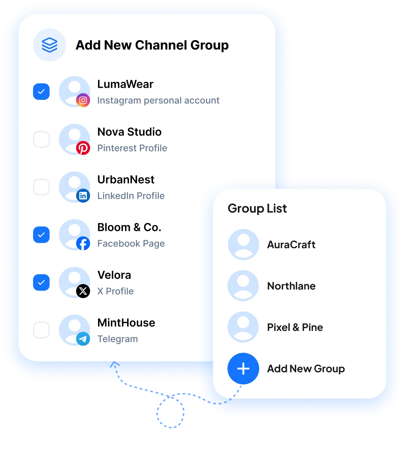 Adding channels to a new channel group, next to the list of existing groups