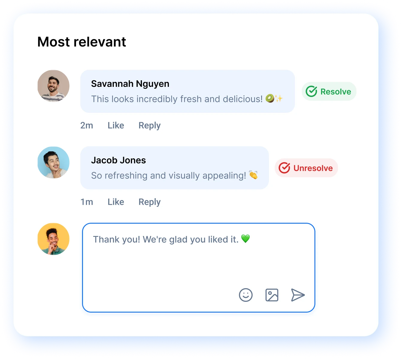 comments inbox with resolve and unresolve status and a reply box