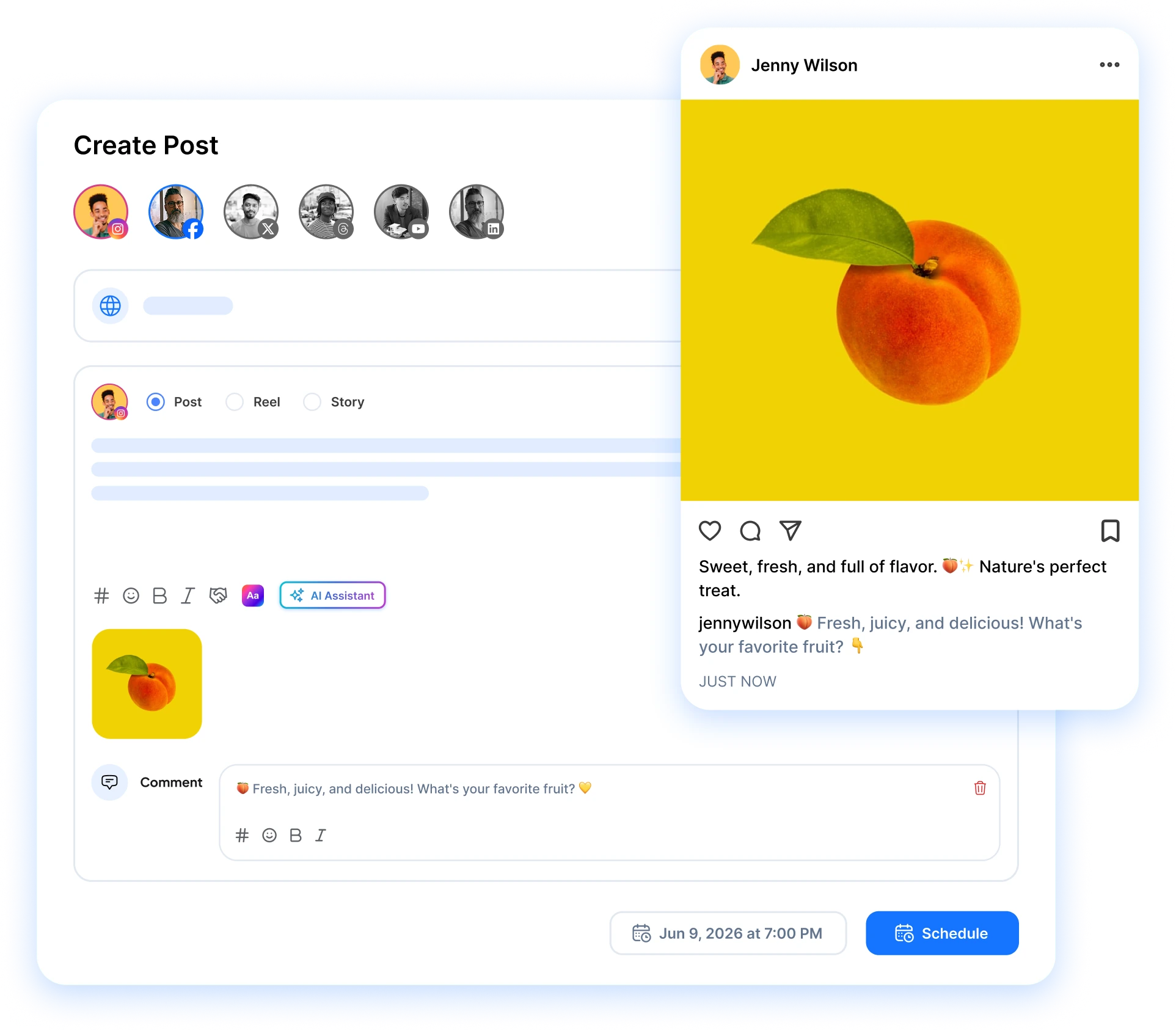 RepeatPost composer scheduling a post with first comment automation