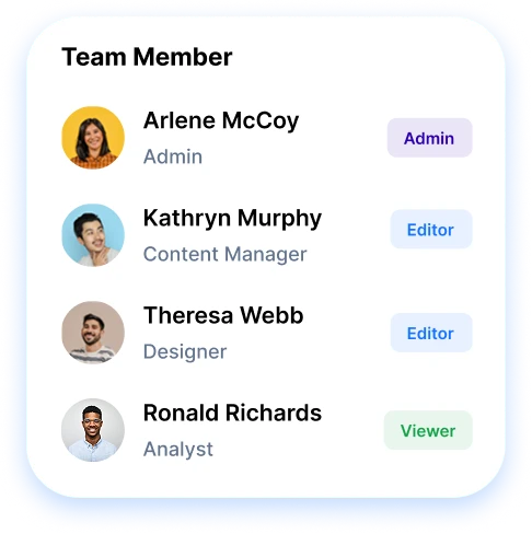 team members with admin, editor and viewer roles