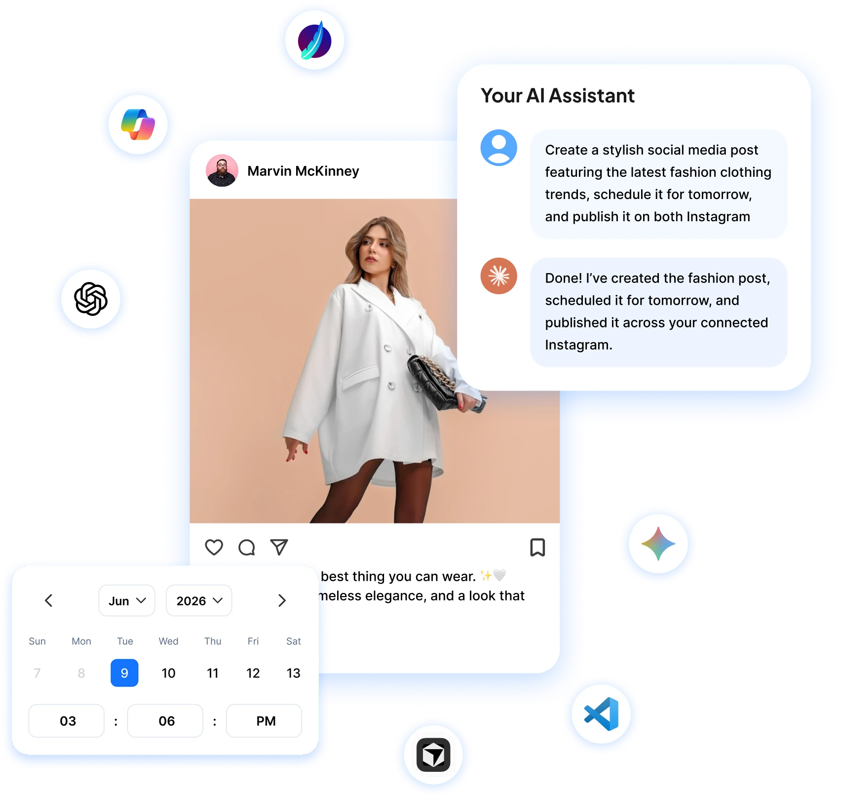 Claude creating and scheduling an Instagram fashion post through the RepeatPost social media MCP server, surrounded by ChatGPT, Copilot, Gemini, VS Code, Cursor and LibreChat