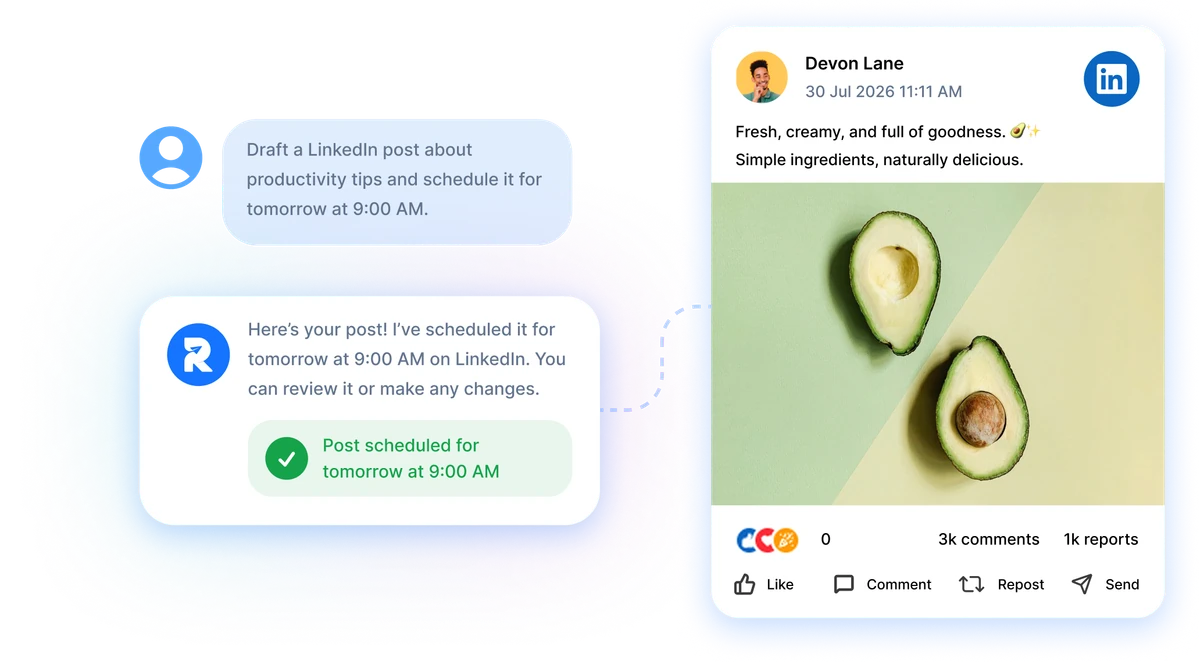 An AI assistant using the RepeatPost MCP server to draft a LinkedIn post and schedule it for tomorrow at 9:00 AM