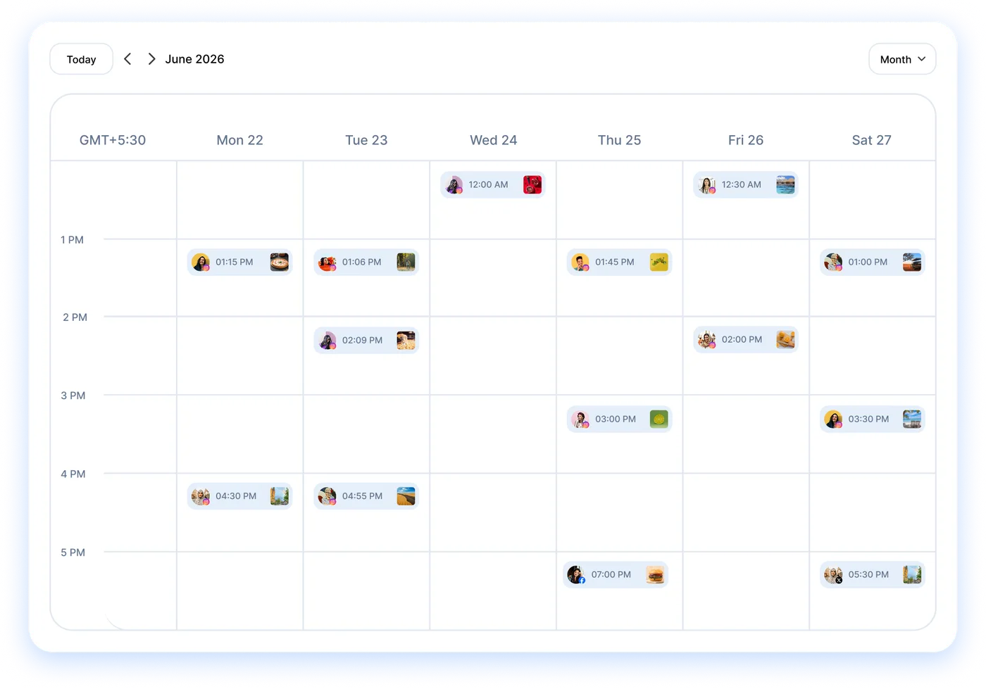 Week calendar filled with scheduled image and video posts