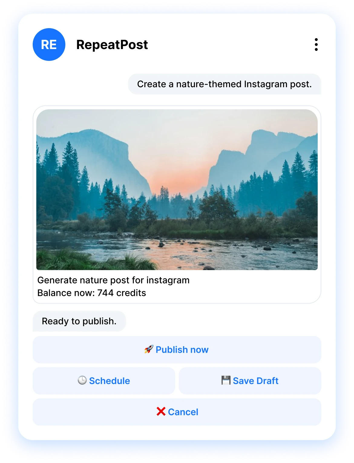 RepeatPost Telegram chat offering publish now, schedule or save draft