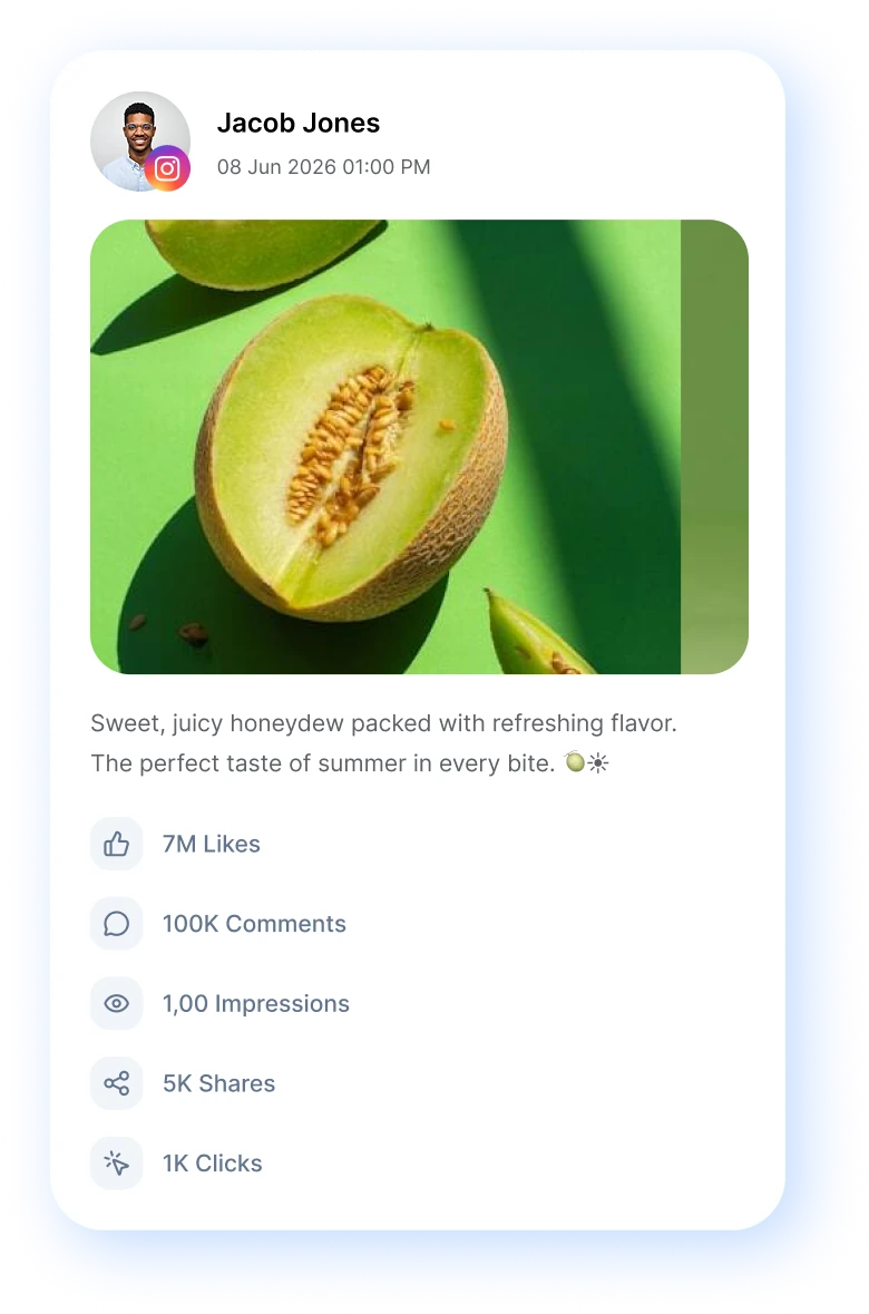 Instagram post performance with likes, comments, impressions, shares and clicks
