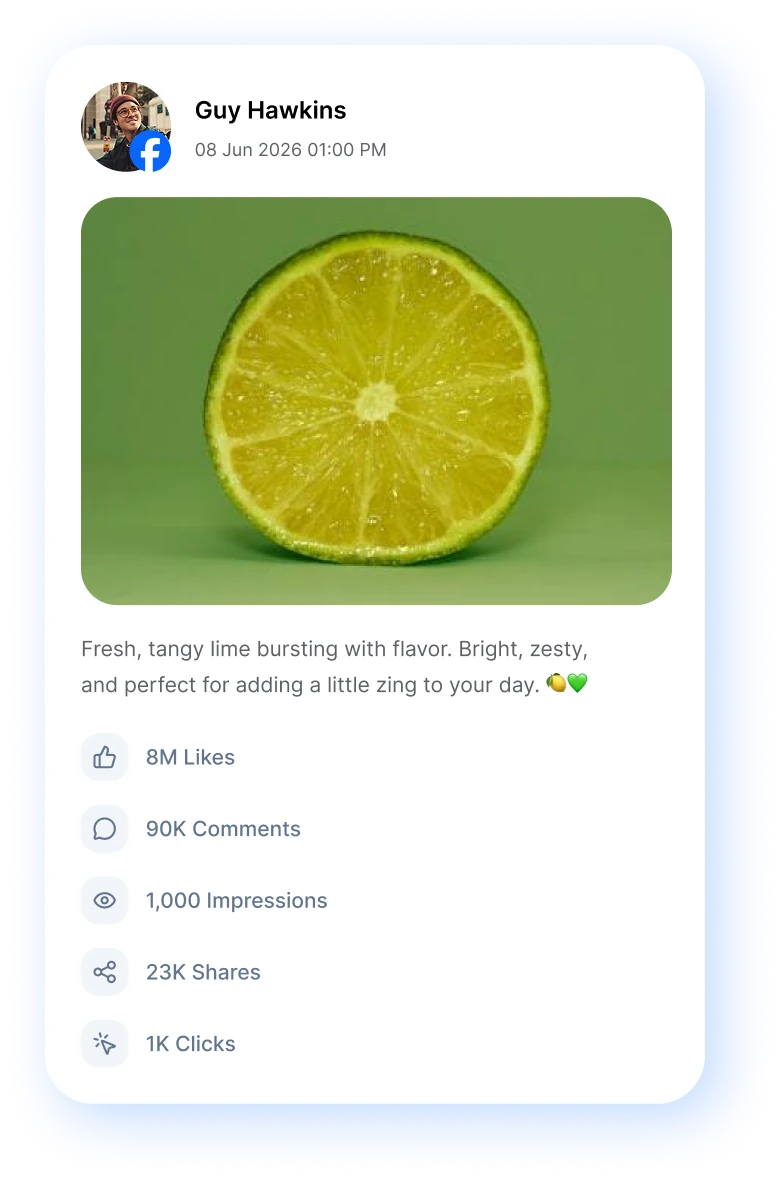 Facebook post performance with likes, comments, impressions, shares and clicks