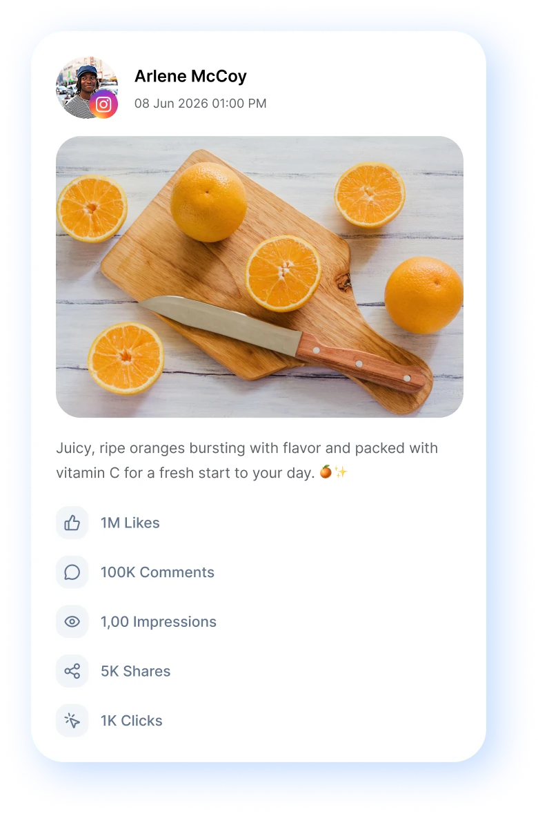 Instagram post performance with likes, comments, impressions, shares and clicks