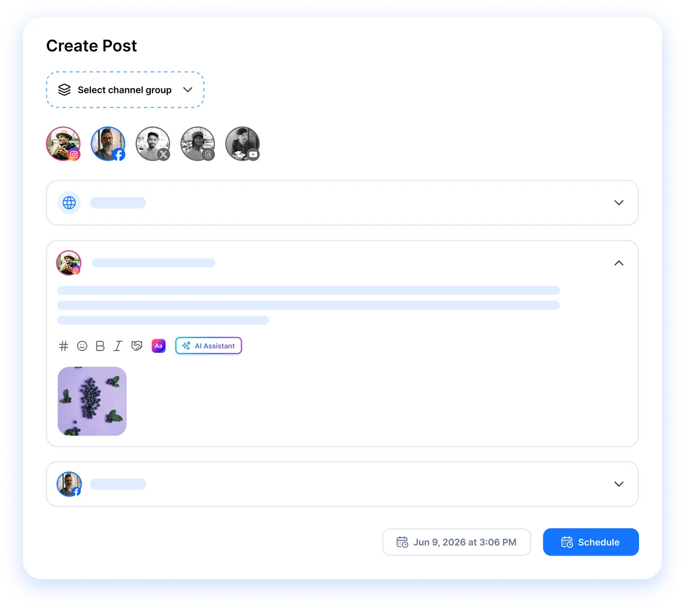 Create Post composer with a channel group selected and five channels filled in