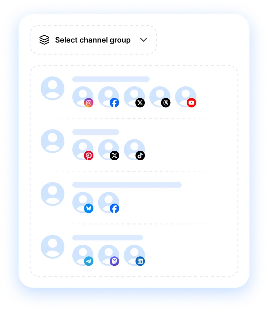 Channel group picker listing groups of social accounts