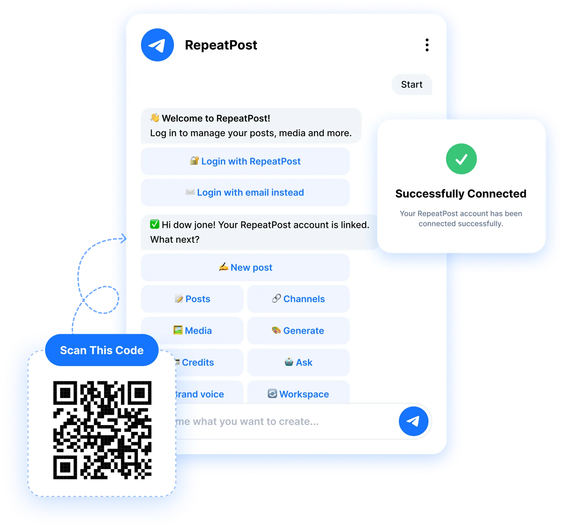 RepeatPost Telegram bot connected by scanning a QR code, with menu options for posts, channels, media and more