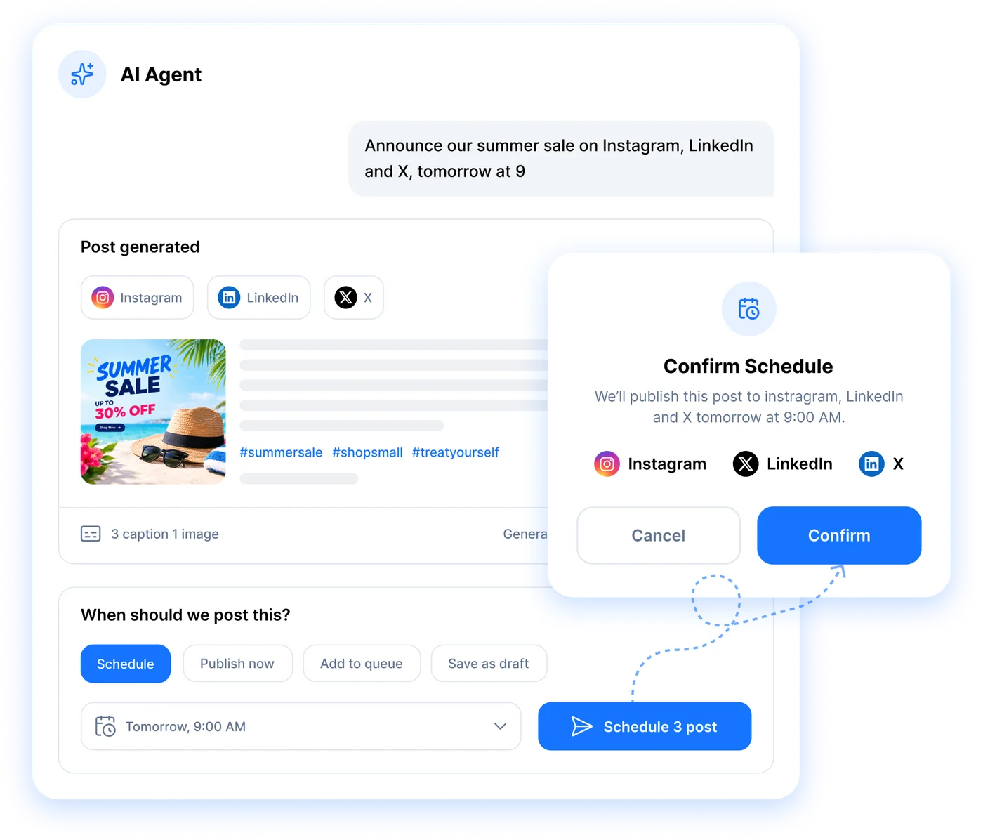 RepeatPost AI agent asking you to confirm before scheduling a post to Instagram, LinkedIn and X